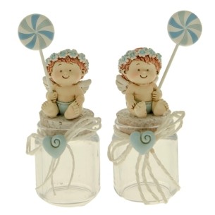 Bomboniera decorazione Angelo seduto con GIRELLA CELESTE in resina BARATTOLO Battesimo Nascita h 13 cm Set 2 pz art 04A177