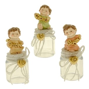 Bomboniera decorazione MINI ANGELI in resina Colorata con scritte su BARATTOLO idea Battesimo Nascita h 11 cm Set 3 pz art 04A20