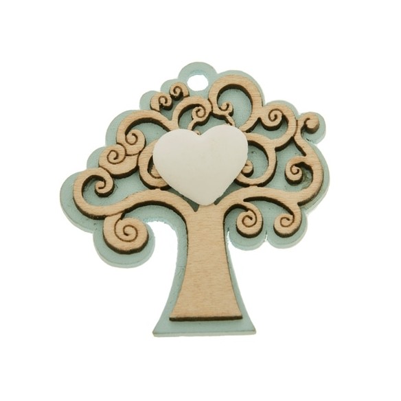 Ciondolo pendente Albero della Vita in Legno CELESTE decorazione bomboniera  4,5 cm confezione 12 pz