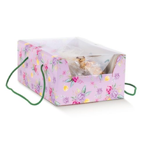 Scatola tipo PRESTIGE FLOWERS porta  per Pasticcini o COLOMBA artigianale Colore lilla mis. 23,5 x 33,5 x h 14 cm Finestra Confe