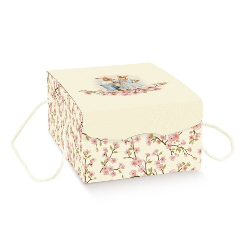 Scatola tipo SEGRETO modello FIORI DI PESCO  CONIGLIETTI porta Pasticcini Colomba artigianale misura 23,5 x 33,5 x h 14 cm con m