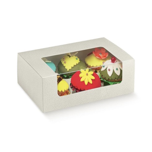 Scatola pelle BIANCO con finestra Trasparente con 6 scomparti porta CUPCAKE misura 27 x 18 x h 10 cm Confezione 50 pz art 14766