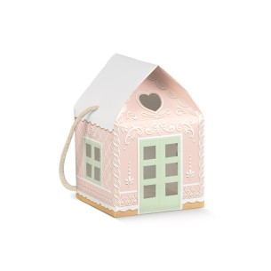 Scatola Natalizia Pasticceria Casetta Colore rosa manici in corda 12 x 12 x h 11 cm Confez 200 pz Art 37840