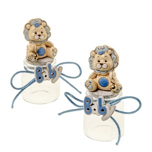 Bomboniera Leone Baby celeste in resina Barattolo h 11 cm Set 2 pz art 04A331