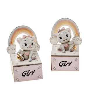 Bomboniera Gatto Baby rosa in resina con scatola confetti legno h 9 cm set 2 pz art 04A337