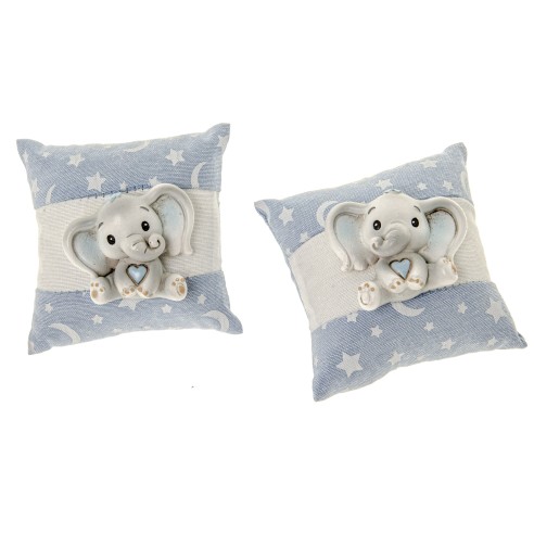 Bomboniera Elefante Baby celeste in resina cuscino 9 cm set 2 pz art 04A342