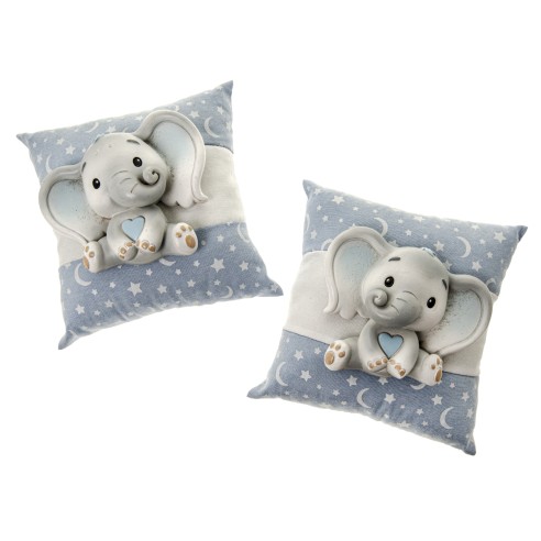 Bomboniera Elefante Baby celeste in resina cuscino 18 cm set 2 pz art 04A344