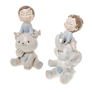 Bomboniera Bimbo Baby celeste in resina su elefante e orsetto h 7 cm set 2 pz art 04A346