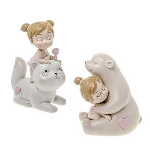 Bomboniera Bimba Baby Rosa in resina su gatto e orso h 7 cm set 2 pz art 04A347