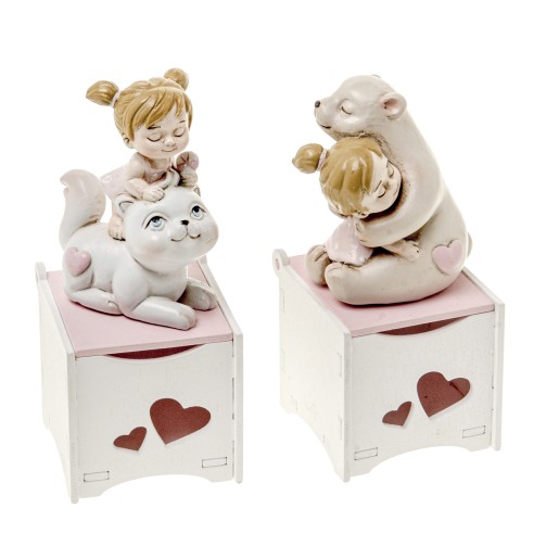 Bomboniera Bimba Baby Rosa in resina su gatto orso scatola legno h 12 cm set 2 pz art 04A349