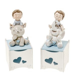 Bomboniera Bimba Baby Celeste in resina su elefante orso scatola legno h 12 cm set 2 pz art 04A348