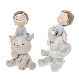 Bomboniera Bimbo Baby celeste in resina su elefante e orsetto salvadanaio h 21 cm set 2 pz art 04A350