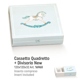 Scatola confetti tipo cassetto con cavallo a dondolo celeste 12 x 12 x h 3,2 cm confezione 10 pz art 16960