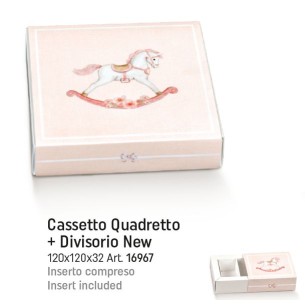 Scatola confetti tipo cassetto con cavallo a dondolo Rosa 12 x 12 x h 3,2 cm confezione 10 pz art 16967