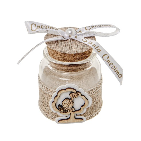 Bomboniera barattolo vetro confetti con inserto simbolo cresima in legno h 7 cm confezione 6 pz art SC679