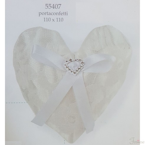 Cuore porta confetti pizzo avorio bomboniera matrimonio 110x110mm art 55407