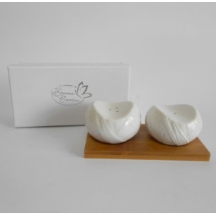 Set Sale e Pepe ceramica bianca vassoio legno e scatola bomboniera 13 cm art 02926