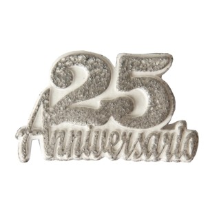 Scritta ANNIVERSARIO 25 in Gesso bianco e Argento idea decorazione bomboniera 4,5 cm 12 pz art 08659