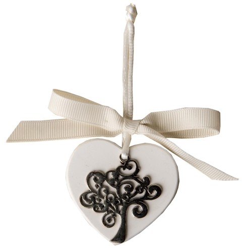 Cuore in Gesso con inserto albero della vita metallo idea decorazione bomboniera 10 cm 6pz art 08669