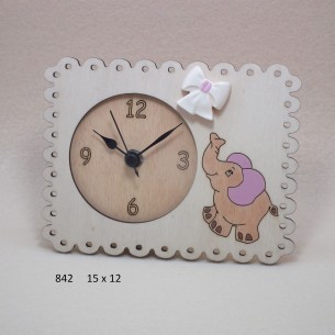 Bomboniera Orologio in legno con Elefante beige Rosa battesimo nascita art 842