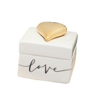 Scatola cubo in porcellana bianca decorata modello LOVE cuore oro 8 x h 7,5 cm Art 02263