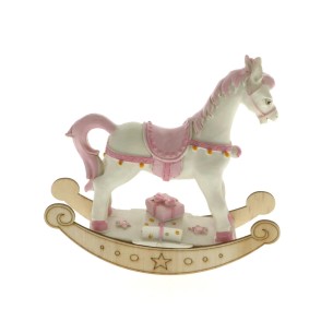 Bomboniera decorazione cavallo a dondolo resina e legno ROSA h 9 cm art 049764