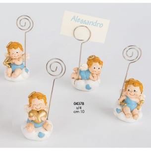 Bomboniera decorazione Angelo porta foto resina celeste h10 cm Battesimo Nascita set 4 pz art 04378