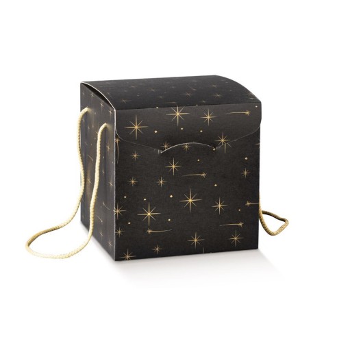 Scatola tipo SEGRETO colore nero stelle ORO Pasticcini Colomba Panettone mis. 21 x 21 x h 21 cm Conf 20 pz art 38916