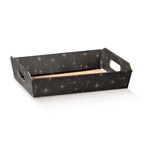 Cesto in cartone confezioni Natalizie colore nero con stelle ORO mis. 31 x 22 x h 9 cm Confezione 30 pz Art 38903