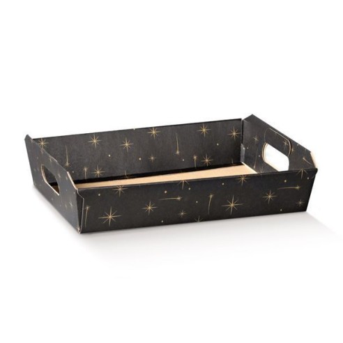 Cesto in cartone confezioni Natalizie colore nero con stelle ORO mis. 40 x 30 x h 12 cm Confezione 30 pz Art 38905