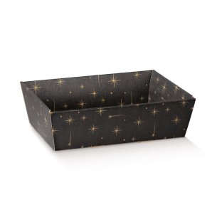 Vassoio in cartone Conico confezioni Natalizie colore nero con stelle ORO mis. 29 x 21 x h 9 cm Confezione 30 pz Art 38923