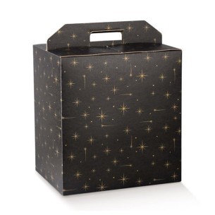 Scatola porta Panettone e Bottiglia colore nero con stelle ORO mis 30,5 x 22,5 x h 35 cm Conf 30 pz Art 38909