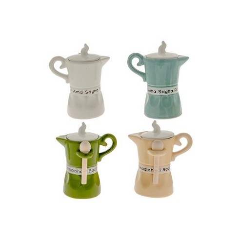 Barattolo zuccheriera Caffettiera in porcellana con cucchiaino in legno h 12cm set 3 pz Art 02A071