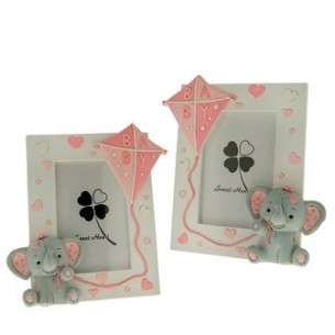 Bomboniera decorazione Porta Foto in resina con inserto Elefante con Aquilone ROSA Battesimo Nascita 11xh 12 cm Set 2 pz art 04A