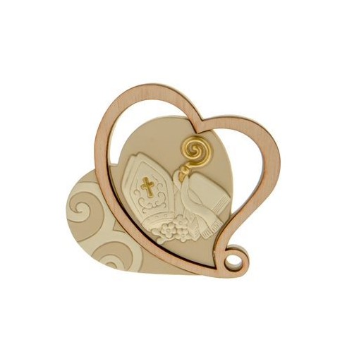 Bomboniera icona in resina e legno a forma di Cuore simbolo Cresima h 8 cm art 04A244