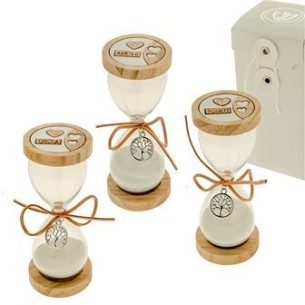 Bomboniera Clessidra legno Vetro con cuori scritte ciondolo albero Vita h 13 cm con scatola Set 3 pz art 07A061