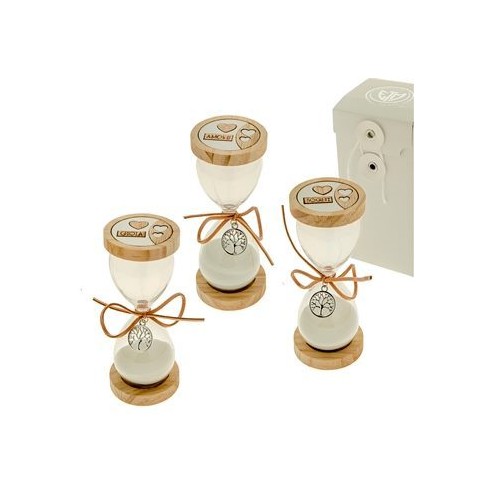 Bomboniera Clessidra legno Vetro con cuori scritte ciondolo albero Vita h 13 cm con scatola Set 3 pz art 07A061