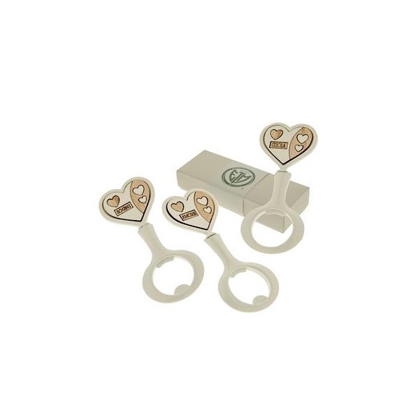 Bomboniera Apri Bottiglia in metallo BIANCO inserto legno cuori e scritte 11  cm con scatola Set