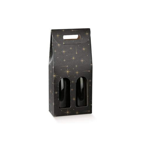 Scatola porta 2 bottiglia colore NERO con stelle ORO 18 x 9 x h 38,5 cm set 30 pz art 38914