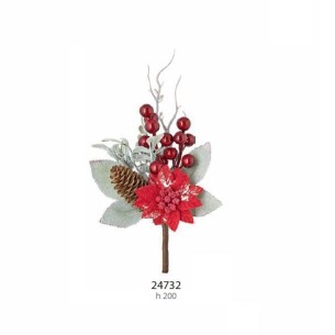 Decorazione Pick stella di Natale Rosso con foglie di pino h 20 cm confezione 24 pick art 24732