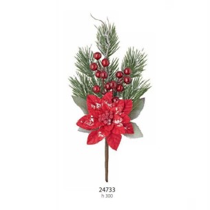 Decorazione Pick stella di Natale Rosso con foglie di pino h 30 cm confezione 24 pick art 24733