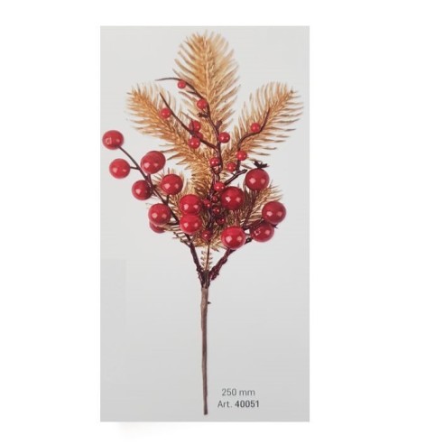 Decorazione Pick Bacche Rosso con foglie di pino ORO h 25 cm confezione 36 pick art 40051