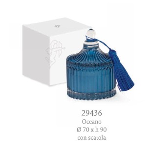 Bomboniera Matrimonio porta candela in vetro BLU modello POTICHE con nappina 7 x h 9 cm art 29436