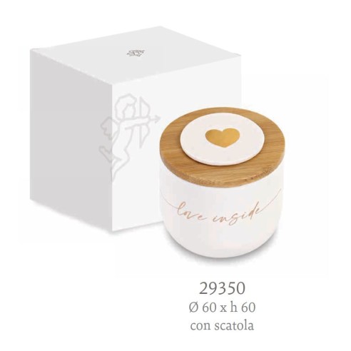 Bomboniera candela in Ceramica e Bamboo BIANCA Scritta LOVE INSIDE D 6 x h 6 cm con Scatola art 29350