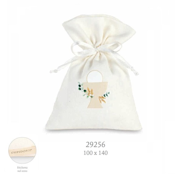Bomboniera Sacchetto porta confetti in tessuto AVORIO con simbolo Calice  COMUNIONE 10 x h 14 cm Confezione